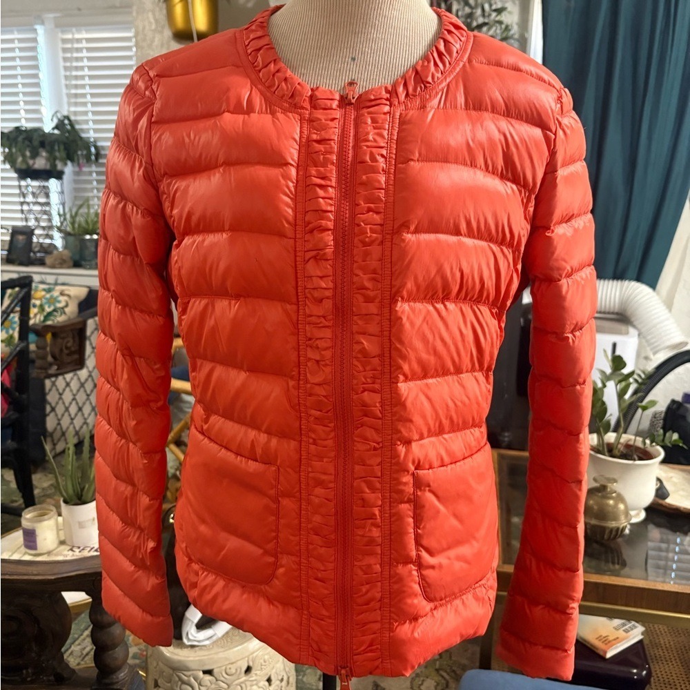United Colors of Benetton Puffer Jacket 12 Coral Red Ruffle Trim Lightweight